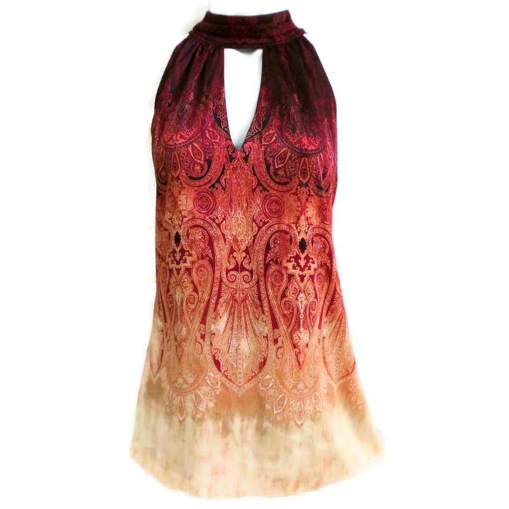 Whbm Blouse Satin Ombre Wine To Cream Peekaboo Front Keyhole Neck Tie Back Lux